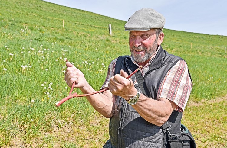Xaver Schmidlin stemmt sich gegen die Kraft der Wünschelrute, die stark nach unten anzeigt. (Foto Thomas Stillhart)