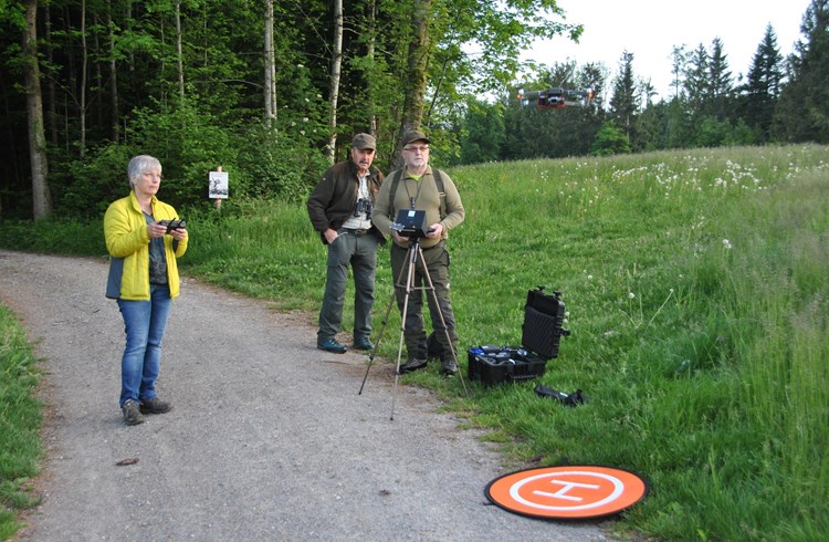Die drei Rehkitzretter Heidi Frey, Werner Rüttimann und Christian Röthlisberger (v.l ) suchen ein Feld nach Rehkitzen ab. (Foto RW)