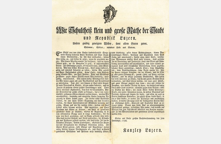 Die originale Proklamation zur Abdankung der Patrizier gilt als Geburtsstunde des Kantons Luzern. (Foto Kulturarchiv Neuenkirch)