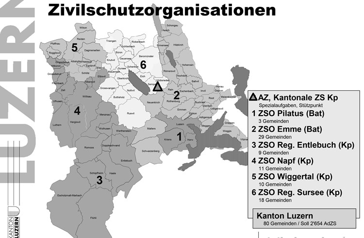Der Zivilschutz ist im Kanton Luzern in sechs Regionen organisatorisch unterteilt. Die Zivilschutzorganisationen Entlebuch, Napf, Region Sursee und Wiggertal schliessen sich zusammen.  (Grafik Kanton Luzern)