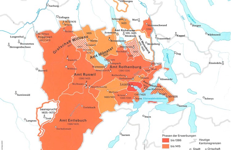 Die räumliche Entwicklung des Stadtstaats Luzern ist Gegenstand einer der Karten im Historischen Atlas der Schweiz. (Scan aus dem Historischen Atlas der Schweiz)