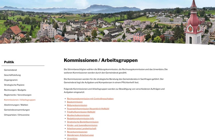 Neuenkirch verfügt aktuell über 13 Kommissionen und Arbeitsgruppen. Sie sind auf der Webseite der Gemeinde publiziert. (Screenshot Sewo)