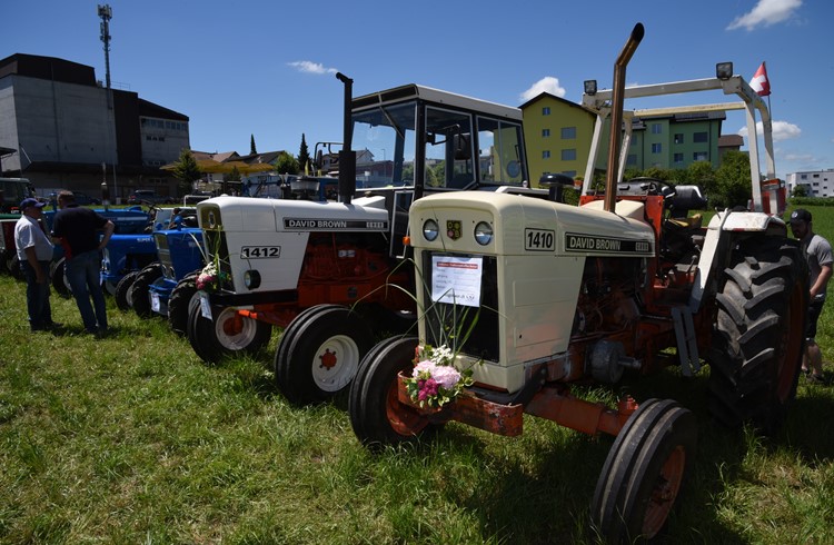 Bei diesen beiden Traktoren der britischen Firma David Brown gehörte sogar Blumenschmuck dazu. (Foto Geri Wyss)