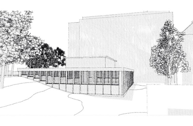 Die Planungen sehen einen eingeschossigen Bau auf der Wiese südwestlich des Hauptgebäudes vor. (Visualisierung zVg)