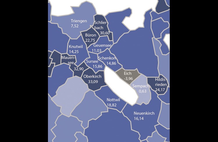 Bevölkerungsentwicklung zwischen 2012 und 2022 im Einzugsgebiet dieser Zeitung in Prozent. Die einzige Gemeinde, die eine Bevölkerungsabnahme verzeichnete, ist Eich.  (Karte Lustat, Bearbeitung DZ)