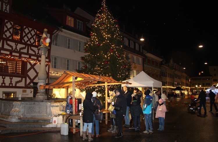 Der grosse Baum und die vielen Lichter brachten trotz «Huddelwetter» weihnachtliche Stimmung ins Städtli Sempach. (Foto Franziska Kaufmann)