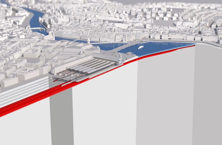 Der Durchgangsbahnhof Luzern (rot eingefärbt) wird sich unter dem Ostteil des bestehenden Kopfbahnhofs befinden. An ihn schliesst sich der Dreilindentunnel an, der den See Richtung Ebikon unterquert. (Visualisierung zVg)