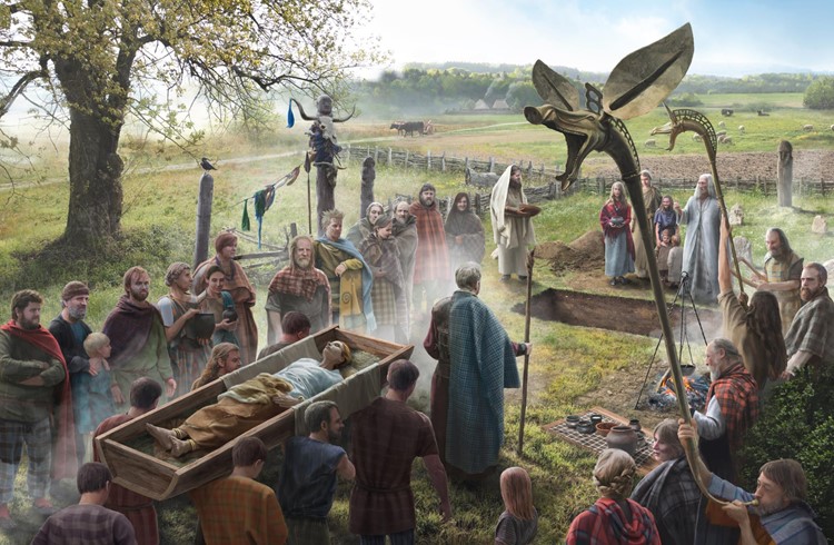 So könnte die Bestattung der noblen Keltin im Hofstetterfeld dereinst ausgesehen haben. (Illustration Joe Rohrer, bildebene.ch)