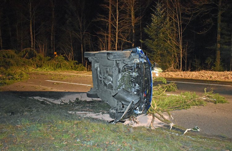 Der Autofahrer kollidierte mit einer abgebrochenen Tanne. (Fotos Luzerner Polizei)